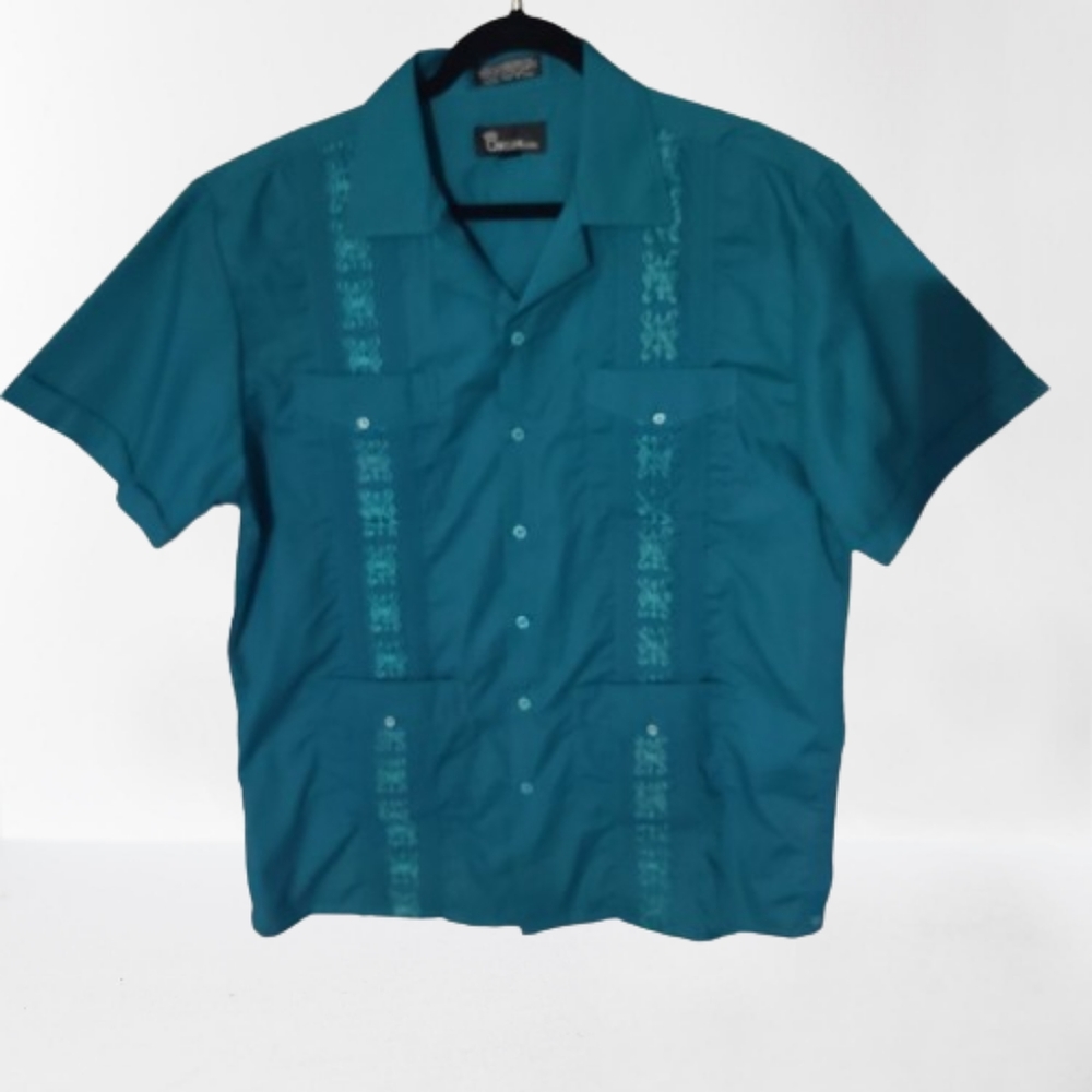 Omega Fashion Men's Large Guaybera Embroidered Button Down Shirt Green